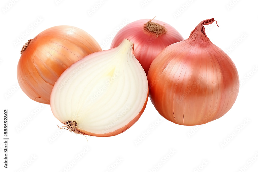 Fototapeta premium Onion Bulbs: Whole and Sliced On PNG Background