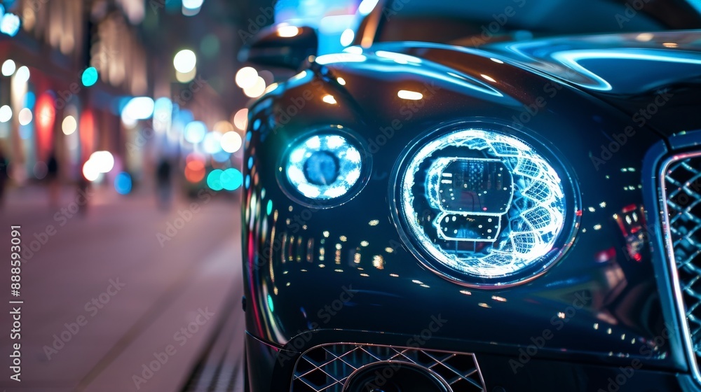 Close-up of the front grill and headlights of a luxury car under streetlights Close-up of the front grill and headlights of a luxury car under streetlights