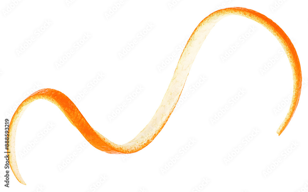 Single orange spiral zest isolated on a white background. Orange fruit peel. Single orange spiral zest isolated on a white background. Orange fruit peel.