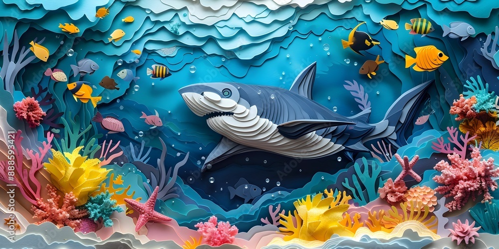 Pastel paper cut art of illustration with a shark swimming in the ocean, with pastel-colored corals and fish around. Pastel paper cut art of illustration with a shark swimming in the ocean, with pastel-colored corals and fish around.