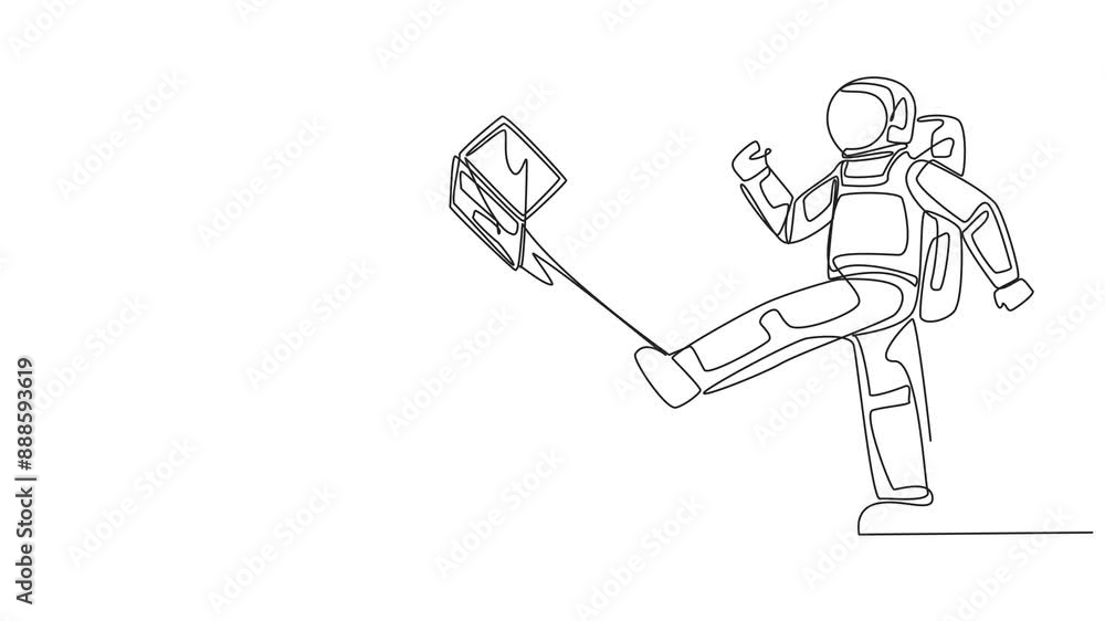 Animation of single continuous line drawing astronaut kicked the laptop into the trash. Venting anger. A lot of funds were spent but the expedition was not optimal. Outer space. Full length motion Animation of single continuous line drawing astronaut kicked the laptop into the trash. Venting anger. A lot of funds were spent but the expedition was not optimal. Outer space. Full length motion