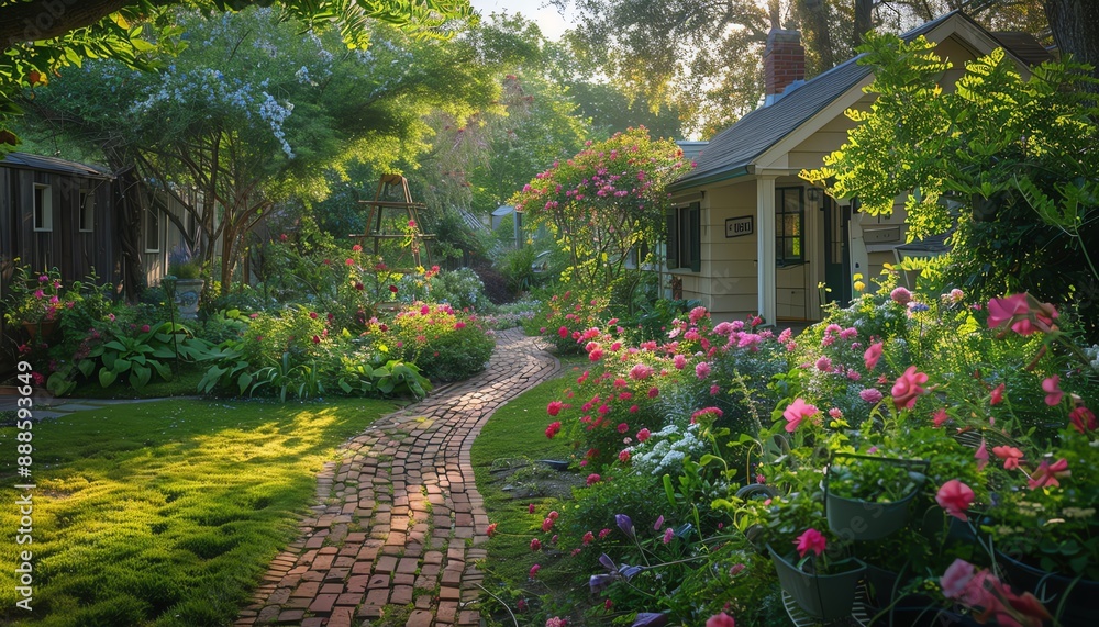 A small brick path winds through a lush garden, past a variety of flowers and plants A small brick path winds through a lush garden, past a variety of flowers and plants