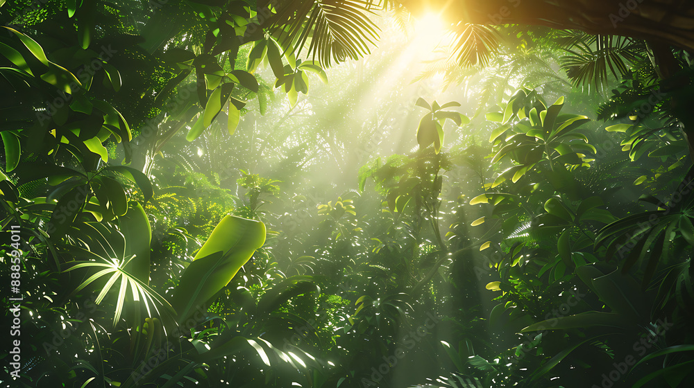 Fototapeta premium Sunlight Filtering Through Lush Green Jungle 