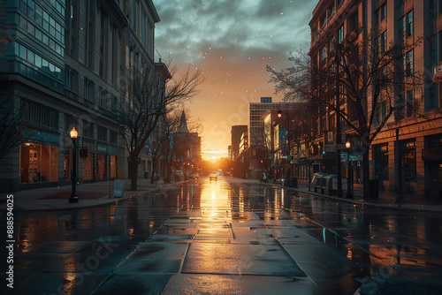 A road with a lake in the background and a sun setting.