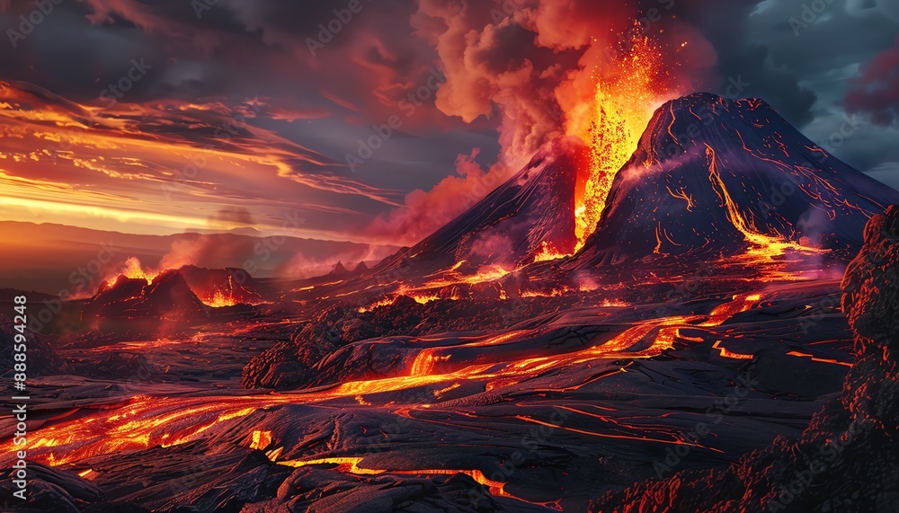 A volcano erupts, spewing lava and ash into the sky A volcano erupts, spewing lava and ash into the sky