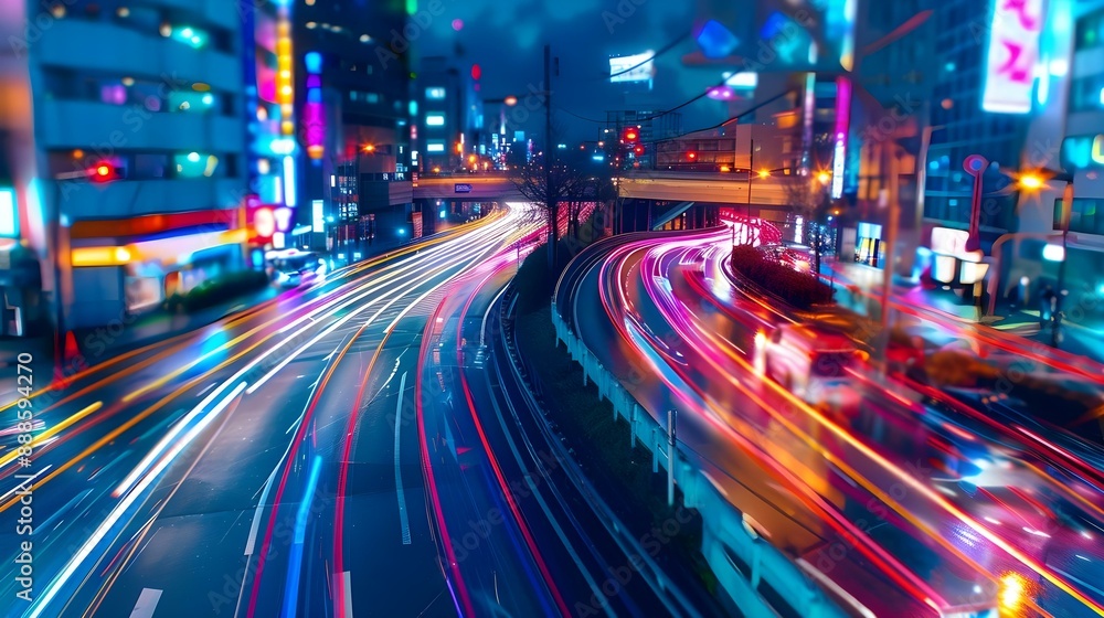 Vibrant cityscape with neon lights and dynamic traffic Vibrant cityscape with neon lights and dynamic traffic
