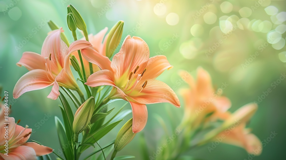 A beautiful close-up of a lily flower in full bloom against a blurred background A beautiful close-up of a lily flower in full bloom against a blurred background