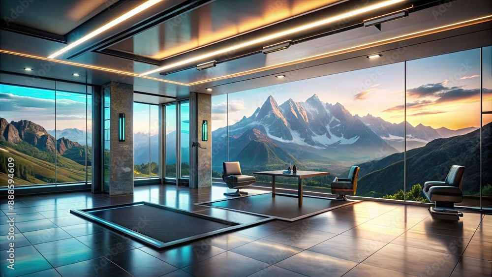 Futuristic gaming room with floor-to-ceiling windows showcasing a breathtaking mountain view Futuristic gaming room with floor-to-ceiling windows showcasing a breathtaking mountain view