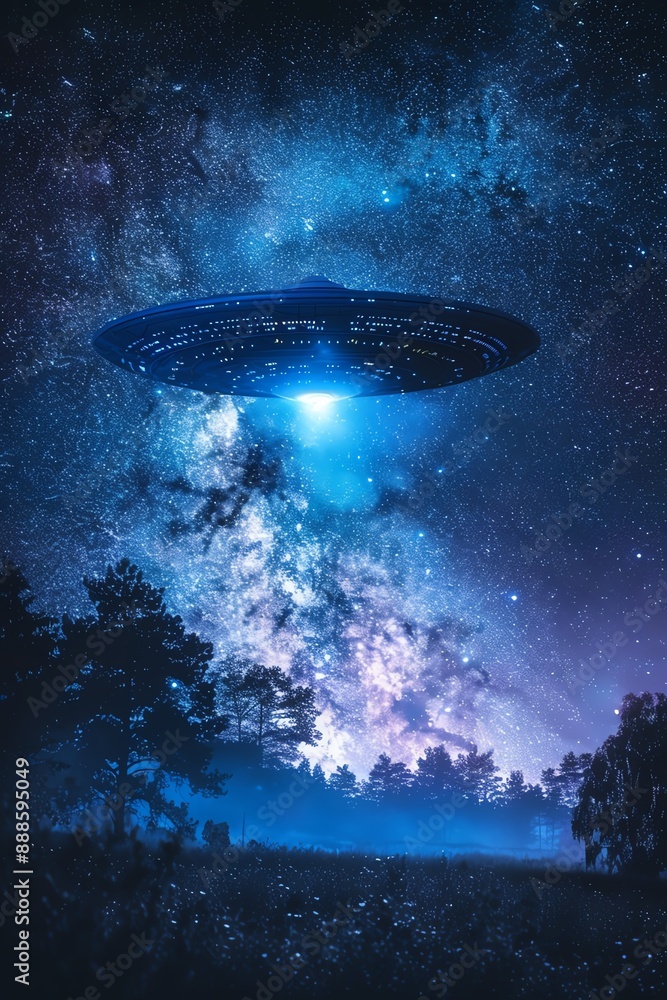 A UFO hovers over a dark forest at night A UFO hovers over a dark forest at night