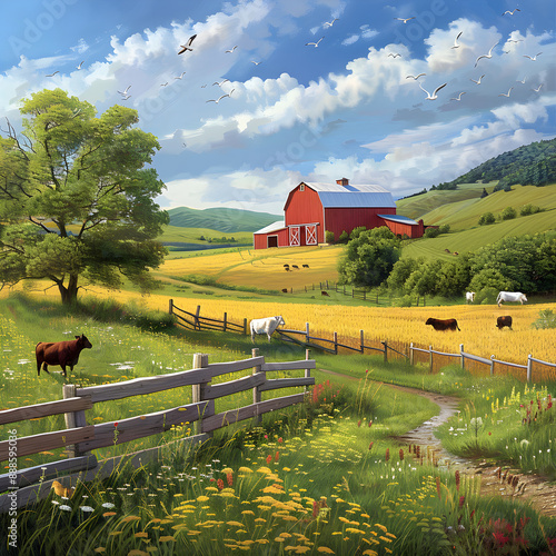 Idyllic Farm Landscape with Red Barn, Livestock, Crops, and Tranquil Blue Skies in the Countryside photo