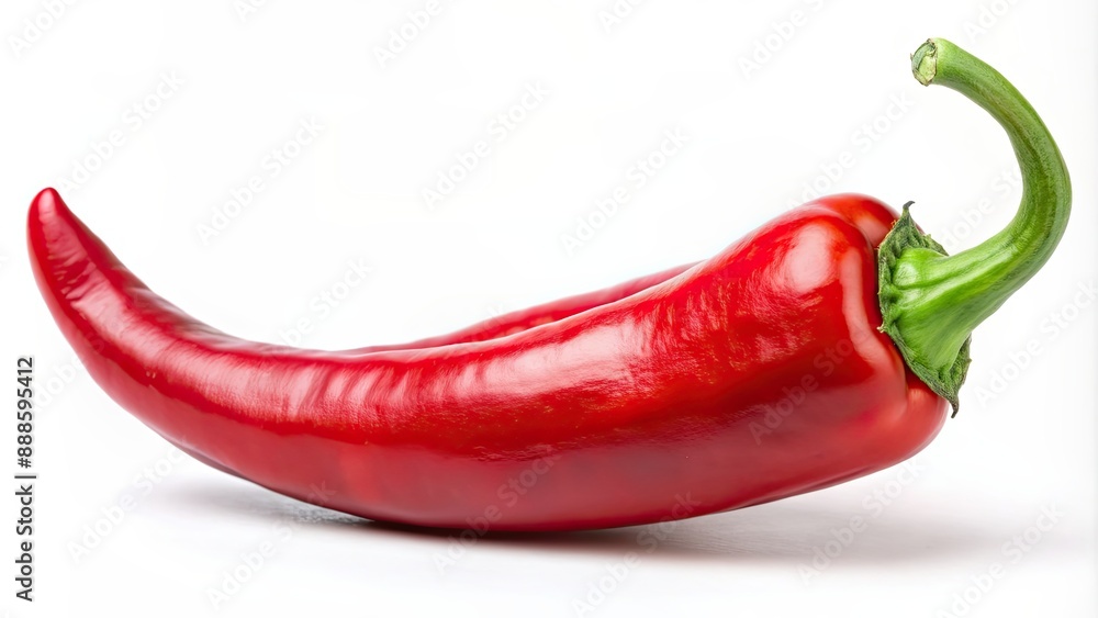 Vibrant red hot chili pepper with green stem isolated on white background, spicy, vegetable, seasoning, cooking, ingredient, organic Vibrant red hot chili pepper with green stem isolated on white background, spicy, vegetable, seasoning, cooking, ingredient, organic