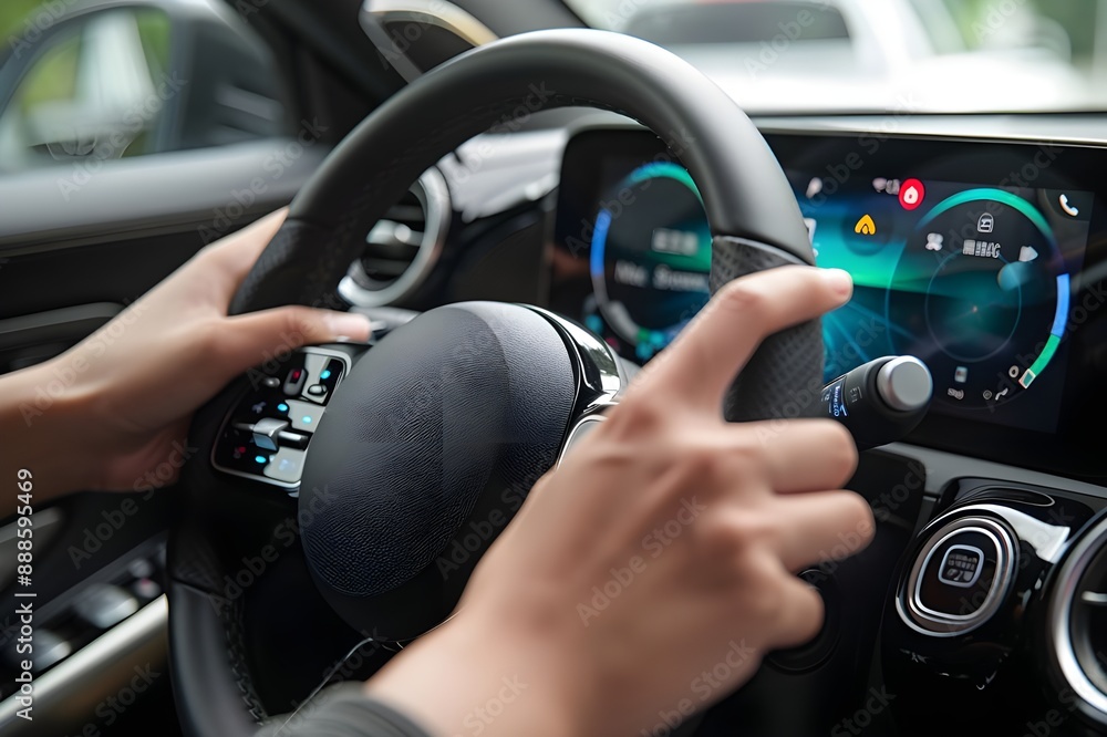 Close-up photo of interior steering wheel of luxury sedan car with driver in suit Close-up photo of interior steering wheel of luxury sedan car with driver in suit