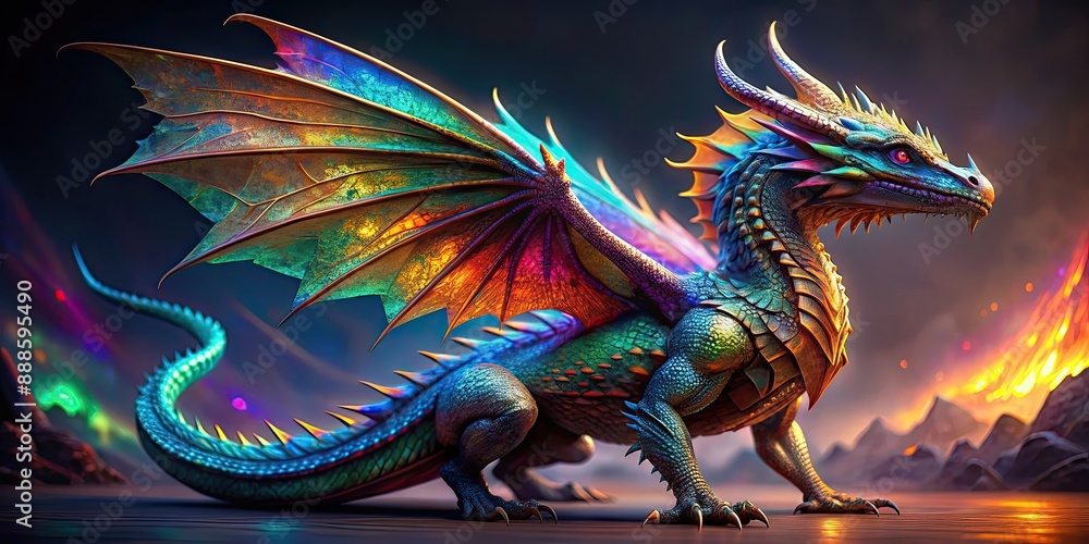 Majestic dragon with shimmering ammolite scales in vibrant colors on its wings and body , dragon, majestic, fantasy Majestic dragon with shimmering ammolite scales in vibrant colors on its wings and body , dragon, majestic, fantasy