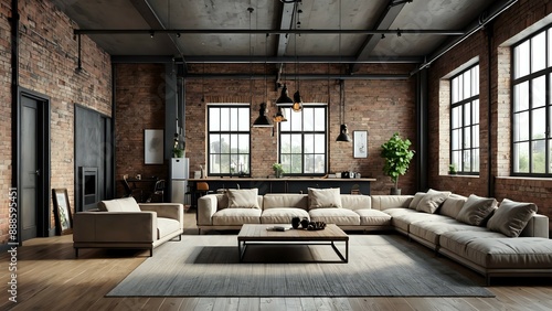 Modern loft living room with exposed brick walls, large windows, and a comfortable sectional sofa.