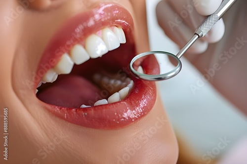 Close-up photo of a dentist attempting treatment and a woman's open mouth