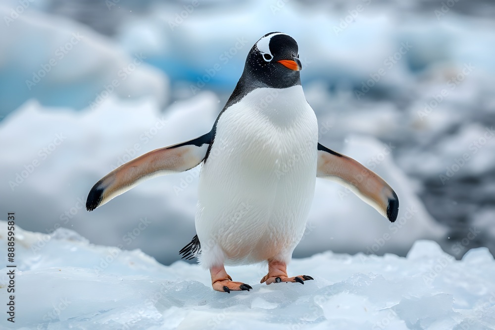 Fototapeta premium A penguin stands still on the ice in Antarctica.