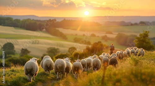 Herd of sheep with shepherd in countryside scene