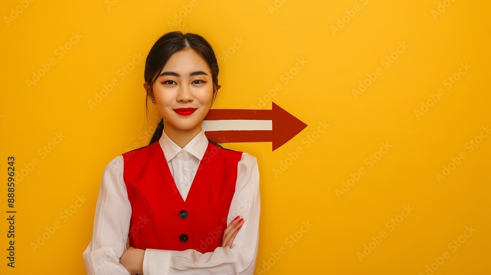 Confident Woman in Red Vest Against Yellow Background Confident Woman in Red Vest Against Yellow Background