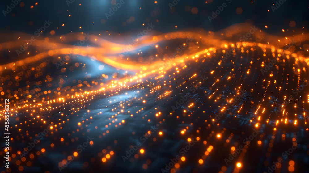 Fototapeta premium Futuristic digital landscape with glowing orange particles and wave patterns on a dark background. Abstract technology concept.
