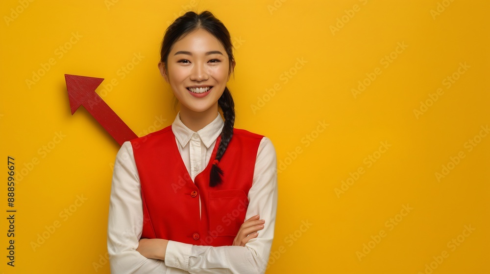 Smiling Woman with Red Arrow on Yellow Background Smiling Woman with Red Arrow on Yellow Background