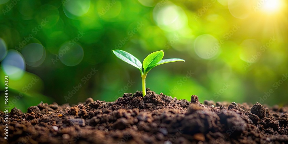 Fototapeta premium Small green plant sprouting from the dirt, nature, growth, botanical, environment, ecology, fresh, organic, agriculture