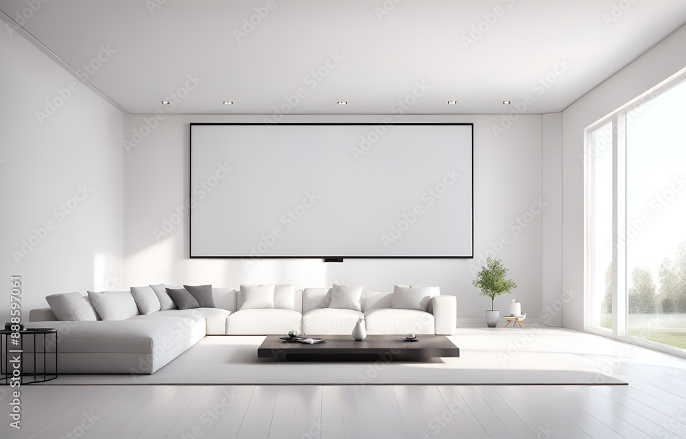 minimalistic interior design, Living room, home theater, huge projection screen, white decoration style, bright environment, side view, minimalist style, ultra-realistic minimalistic interior design, Living room, home theater, huge projection screen, white decoration style, bright environment, side view, minimalist style, ultra-realistic