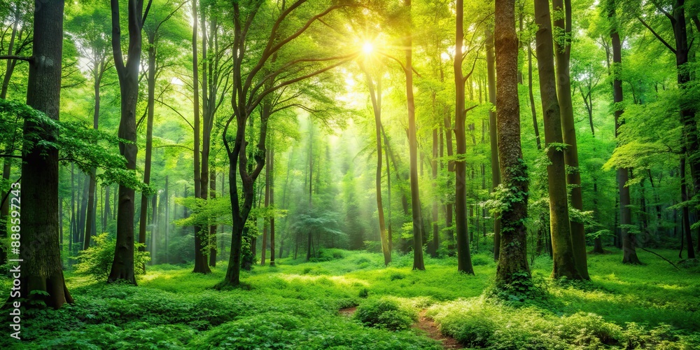 A peaceful and lush green forest showcasing eco-friendly practices, sustainable, environment, eco-friendly A peaceful and lush green forest showcasing eco-friendly practices, sustainable, environment, eco-friendly