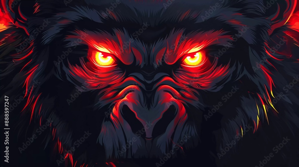Fototapeta premium an angry and evil looking monkey with glowing red eyes. header banner template. sharp teeth. very beautiful sharp fangs