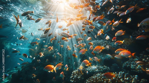 A beautiful school of yellow and orange fish swim in the sunlight over a coral reef.