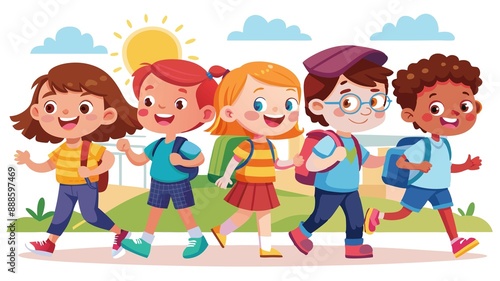 This captivating scene features a group of young children walking together, filled with excitement for their back-to-school adventure. The design perfectly captures the joy and anticipation of the fir