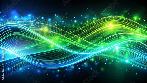 This captivating futuristic background features mesmerizing green and blue neon waves cascading at high speed, accented with bokeh lights, capturing the essence of data transfer in a visually stunning