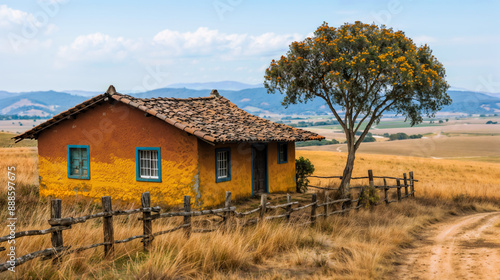 Papel de parede de uma paisagem do sertão nordestino brasileiro, com casa pobre em meio a uma paisagem seca, evocando a beleza austera e a vida simples dessa região © Dudarte