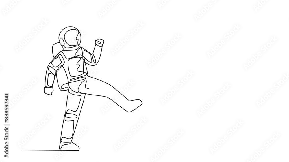 Animated self drawing of single continuous line drawing young astronaut kicking the piggy bank. Full of anger. Savings prepared are still not enough to fund a space expedition. Full length animation Animated self drawing of single continuous line drawing young astronaut kicking the piggy bank. Full of anger. Savings prepared are still not enough to fund a space expedition. Full length animation