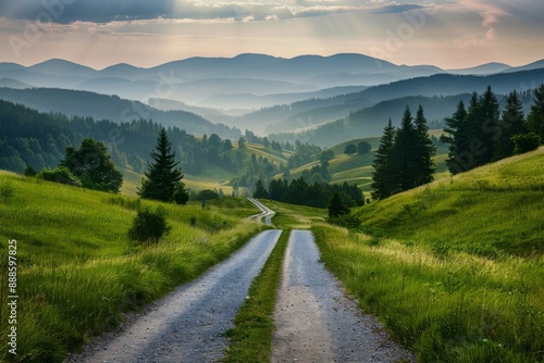 Path to Success: Road Extending from Grassy Hills to Distant Mountains and Valleys