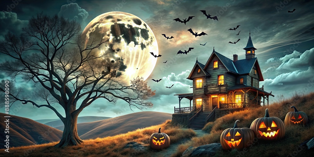 Fototapeta premium of a haunted house on a hill with jack-o'-lanterns, bare trees, and bats flying under a full moon, haunted house