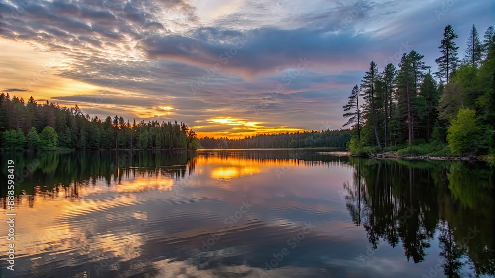Fototapeta premium A peaceful background of a serene forest lake at sunset, forest, lake, water, sunset, nature, tranquil, peaceful, reflection