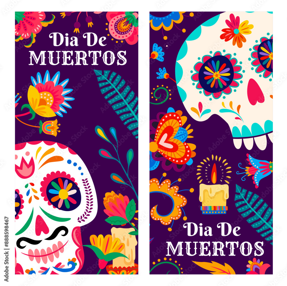 Obraz premium Day of the dead mexican dia de los muertos holiday banners. Calavera sugars skulls, candles and tropical flowers. Vector vertical cards with calaca heads and traditional colorful alebrije blooms