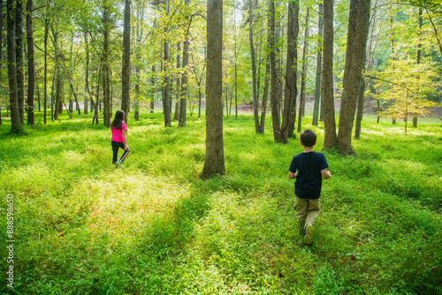 Two children walk through a bright green wooded area with streams of morning light in Historic Occoneechee Speedway Trail, Hillsboro, North Carolina photo