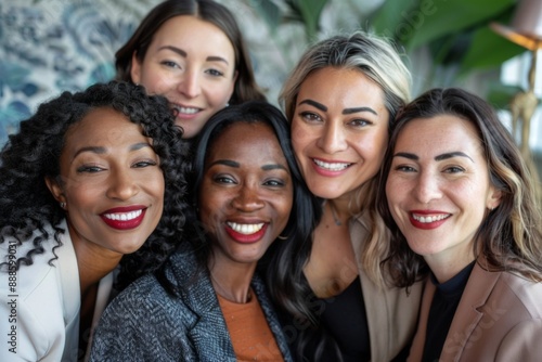 Celebrating Women’s Equality Day with Diverse Multi-Ethnic Female Colleagues Smiling Together, Promoting Gender Equality and Workplace Diversity