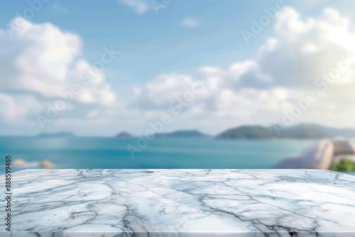 Empty glossy white marble table top with blur sky and sea boekh background, banner mock up template photo