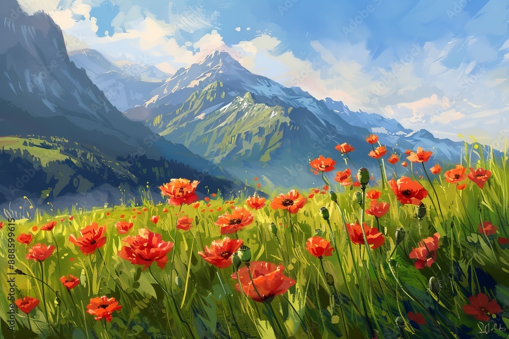 A field of vibrant poppies basking in the warm sunlight, with mountains gently rising behind them. A field of vibrant poppies basking in the warm sunlight, with mountains gently rising behind them.