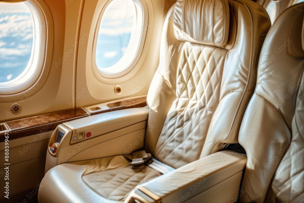 Fototapeta premium first class business luxury seats for vacations or corporate airplane travel, copy space