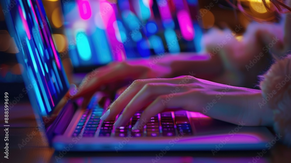 Close up of hands, Data Search Technology SEO Search Engine Optimization concept. Woman typing on purple lit laptop computer keyboard to search data on web browser, close-up of hands Close up of hands, Data Search Technology SEO Search Engine Optimization concept. Woman typing on purple lit laptop computer keyboard to search data on web browser, close-up of hands