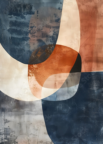 geometric abstract art for decorative painting, with earthy tones, brown, beige, black, blue, orange, yellow minimalist art