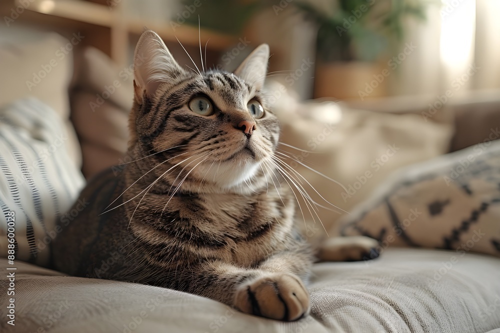 A cute striped pet cat that doesn't know what it's thinking on the sofa. A cute striped pet cat that doesn't know what it's thinking on the sofa.