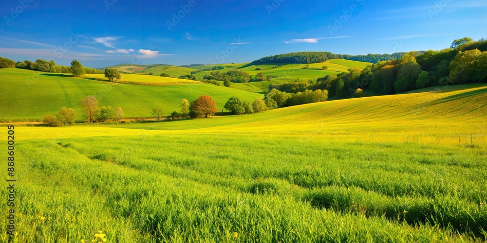 Tranquil open field with vibrant green grass and rolling hills under a brilliant blue sky, Nature, peaceful, serene Tranquil open field with vibrant green grass and rolling hills under a brilliant blue sky, Nature, peaceful, serene
