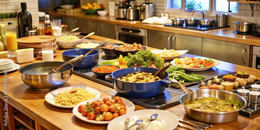 Busy gourmet meal preparation in a lively kitchen setting, gourmet, meal, bustling, kitchen, chef, cooking, food Busy gourmet meal preparation in a lively kitchen setting, gourmet, meal, bustling, kitchen, chef, cooking, food