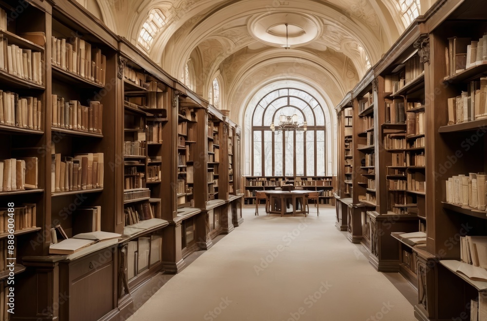 Fototapeta premium Grand library interior with classic bookcases large arched window and round table