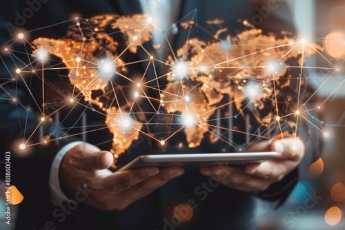 Global Elements: Include subtle hints of global connectivity, like world maps or network nodes photo