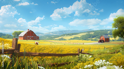 Idyllic Farm Landscape with Red Barn, Livestock, Crops, and Tranquil Blue Skies in the Countryside photo